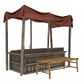 Ancient Medieval Wooden Stall With Red Canopy And Counter Display In Historical Setting