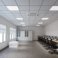 Modern School Classroom With Rows Of Desks Chairs Bookshelves Large Windows And Laptop On Teacher Desk