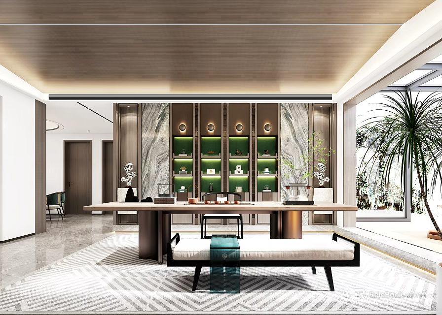 Modern Tea Room Interior With Long Table Green Display Shelves Marble Wall And Plants 3d model