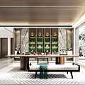 Modern Tea Room Interior With Long Table Green Display Shelves Marble Wall And Plants 3d model