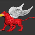 Red Griffin Sculpture With White Wings And Yellow Beak On Black Background