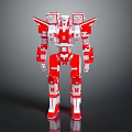 Red And White Mechanical Robot With Armored Body In Standing Pose