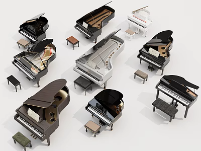 Various Design Musical Instruments With Different Style Pianos And Small Stools Collection 3d model