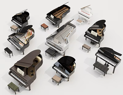 Various Design Musical Instruments With Different Style Pianos And Small Stools Collection 3d model