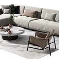 Light Gray L shaped Sofa Round Coffee Table Set With Decorative Pillows Accent Chair 3d model