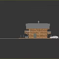 Wooden Cabin With Gray Roof Terrace And White Car On Green Grass Surroundings