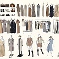 Women's Neutral Tones Clothes Collection With Hanging Racks And Mannequin Displays