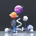 White Geometric Installation With Hanging Spheres And Spiral Decorations On Reflective Floor
