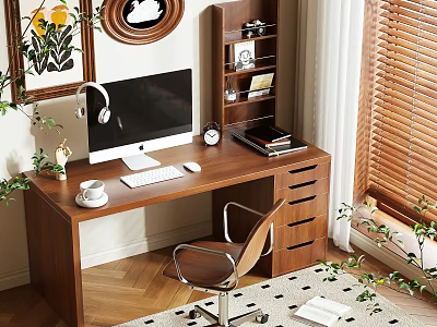 Wooden Desk With Monitor Keyboard Mouse Headphones White Cup Shelf Books Photo Frame Chair Plants 3d model