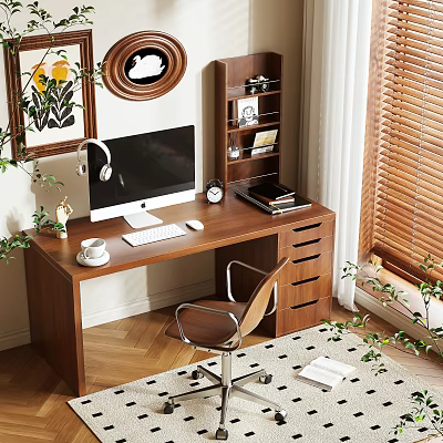 Wooden Desk With Monitor Keyboard Mouse Headphones White Cup Shelf Books Photo Frame Chair Plants 3d model