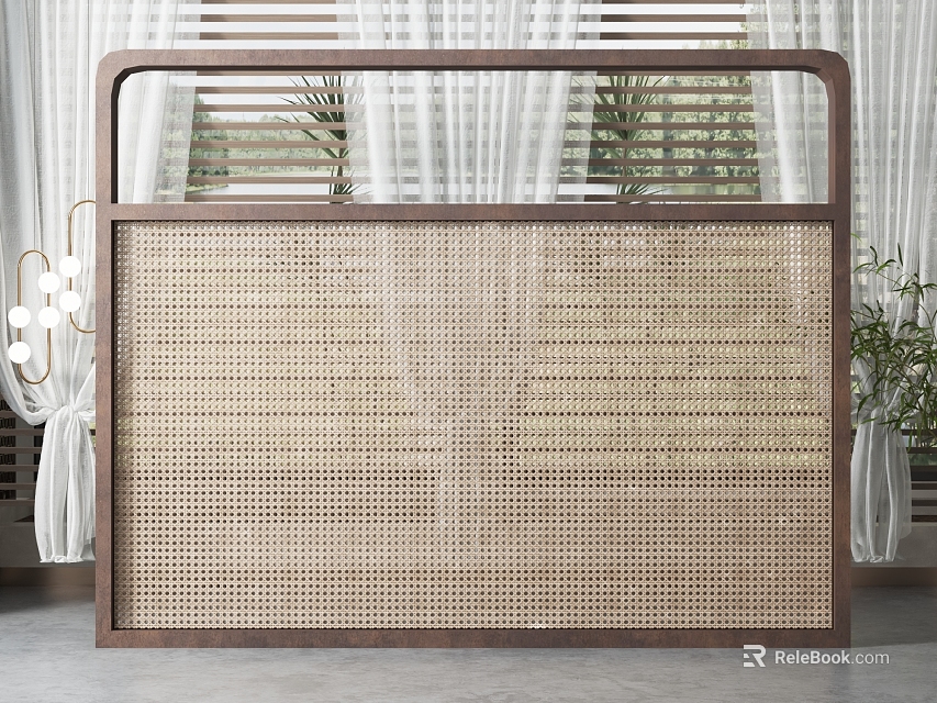 Modern Woven Rattan Room Divider With Wooden Frame Curtains And Plants 3d model 