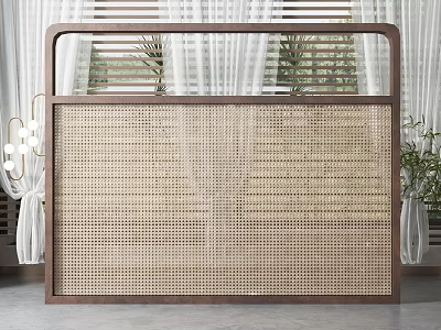 Modern Woven Rattan Room Divider With Wooden Frame Curtains And Plants 3d model