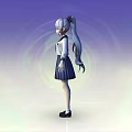 Anime Game Character With Silver Hair In School Uniform Red Necktie And Blue Pleated Skirt