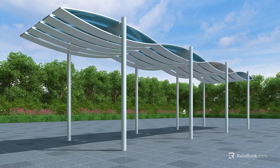 Modern Pergola Design With Wavy Transparent Roof White Pillars And Green Garden 3d model 