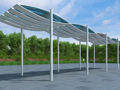 Modern Pergola Design With Wavy Transparent Roof White Pillars And Green Garden 3d model