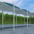 Modern Pergola Design With Wavy Transparent Roof White Pillars And Green Garden