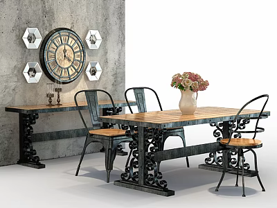 Vintage Dining Table Set with Wooden Top Metal Frame Chairs Vase Flowers Gray Wall Clock 3d model