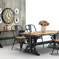 Vintage Dining Table Set with Wooden Top Metal Frame Chairs Vase Flowers Gray Wall Clock