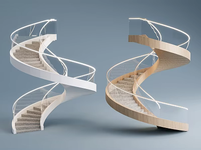 Stylish White and Wooden Spiral Staircase with Glass Railings Modern Design 3d model