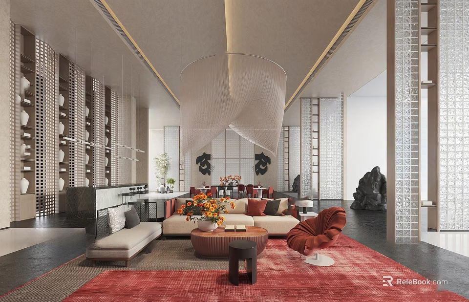 Elegant Modern Chinese Sales Office Interior With Beige Sofa Red Rug And Decorative Grilles 3d model 