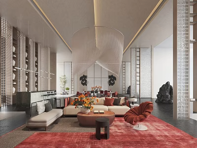 Elegant Modern Chinese Sales Office Interior With Beige Sofa Red Rug And Decorative Grilles 3d model