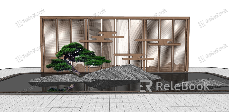 New Chinese Style Landscape Wall Landscape Wall Enclosure Waterscape Landscape Stone Zen Pine Tree Screen Partition model