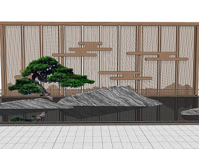 Scenic Wall Design With Wooden Lattice Pine Tree Rockery And Water Pool In Chinese Garden 3d model
