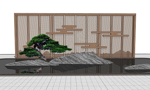 New Chinese Style Landscape Wall Landscape Wall Enclosure Waterscape Landscape Stone Zen Pine Tree Screen Partition 3d model