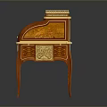 Antique Roll Top Writing Desk with Ornate Gold Red Inlay Carvings Classic Wooden Decorative Details
