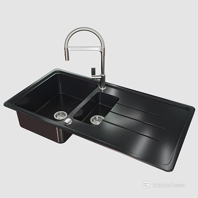 Black Quartz Composite Double Bowl Kitchen Sink With Integrated Faucet And Drainer 3d model 