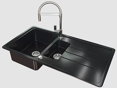 Black Quartz Composite Double Bowl Kitchen Sink With Integrated Faucet And Drainer 3d model