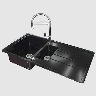 Black Quartz Composite Double Bowl Kitchen Sink With Integrated Faucet And Drainer 3d model