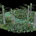 Cartoon Woodland Scene Featuring Path Small Bridge Pond Green Plants And Flowers