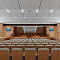 Courtroom Interior Design With Wooden Audience Seats Judge Bench And Large Screens
