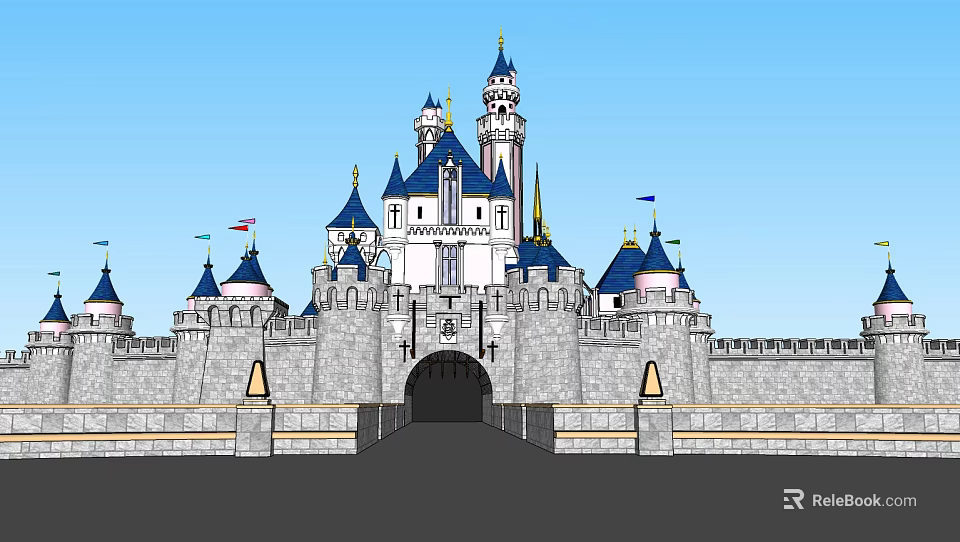 Ancient Castle Architecture With Blue Spires Tall Towers Stone Walls And Archway Entrance 3d model 