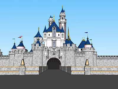 Ancient Castle Architecture With Blue Spires Tall Towers Stone Walls And Archway Entrance 3d model
