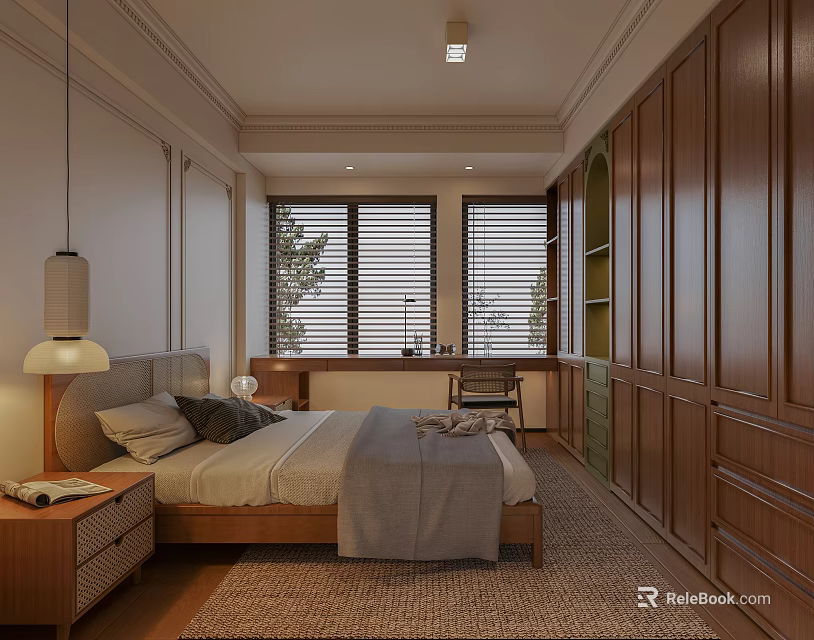 Elegant Modern Bedroom Interior Featuring Wooden Wardrobes Double Windows Writing Desk And Area Rug 3d model 