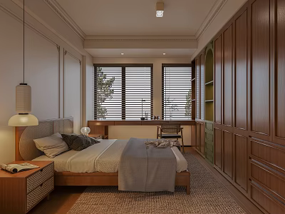 Elegant Modern Bedroom Interior Featuring Wooden Wardrobes Double Windows Writing Desk And Area Rug 3d model