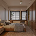 Elegant Modern Bedroom Interior Featuring Wooden Wardrobes Double Windows Writing Desk And Area Rug