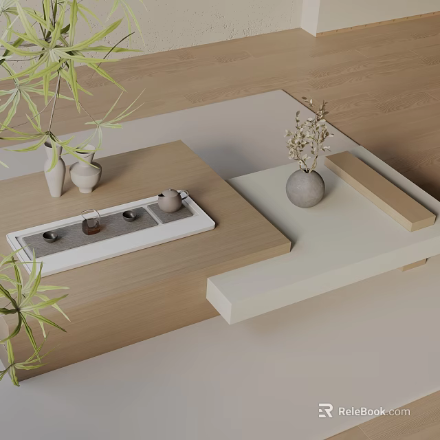 Minimalist Modern Sofa Coffee Table Set With Wooden Tabletop And Decorative Vases Green Plants 3d model 