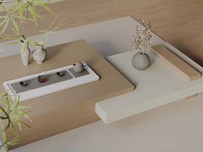 Minimalist Modern Sofa Coffee Table Set With Wooden Tabletop And Decorative Vases Green Plants 3d model