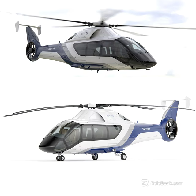 Modern Luxury Helicopter With White Blue Exterior Sleek Design Large Windows And Rotors 3d model 