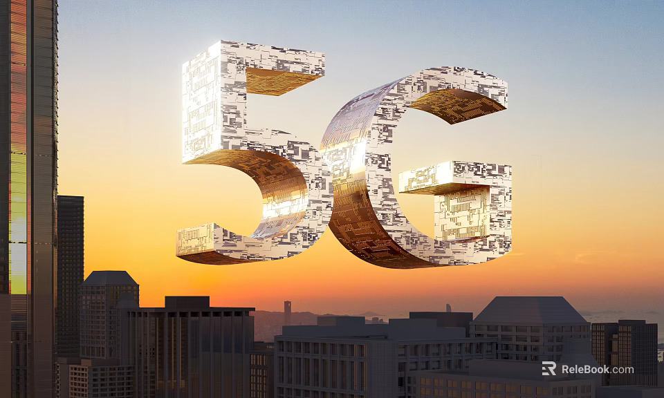 5G 3D Letters Featuring Circuit Patterns Over Urban Cityscape At Sunset Sky 3d model 