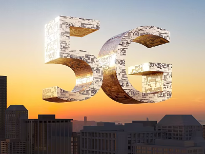 5G 3D Letters Featuring Circuit Patterns Over Urban Cityscape At Sunset Sky 3d model