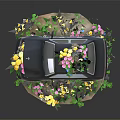 Black Paper Craft Car With Flowers On Roof Inside And Green Leaves Decoration