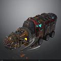 Futuristic Mechanical Vehicle with Metallic Structure Red Blue Lights and Wheels in Sci Fi Design