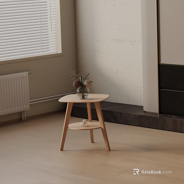 Simple Modern Wooden Side Table with Vase Flowers and Small Decorations by Window 3d model 