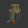 Wooden Tower Structure With Ladder Barrel And Tool Cart On Platform