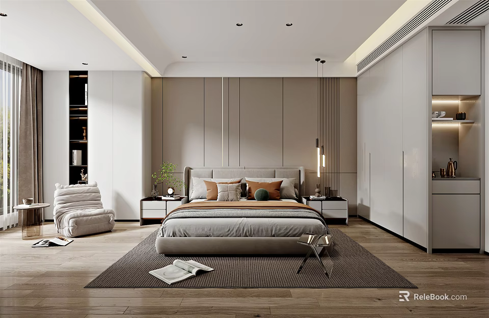 Modern Bedroom Interior Design With Cozy Bed Pillows Nightstands Lamps Plants And Wooden Floors 3d model 