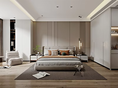 Modern Bedroom Interior Design With Cozy Bed Pillows Nightstands Lamps Plants And Wooden Floors 3d model